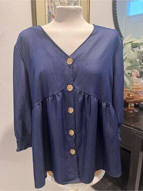 Unique Spectrum Navy Peplum Button-Front Top with Wood-Tone Buttons